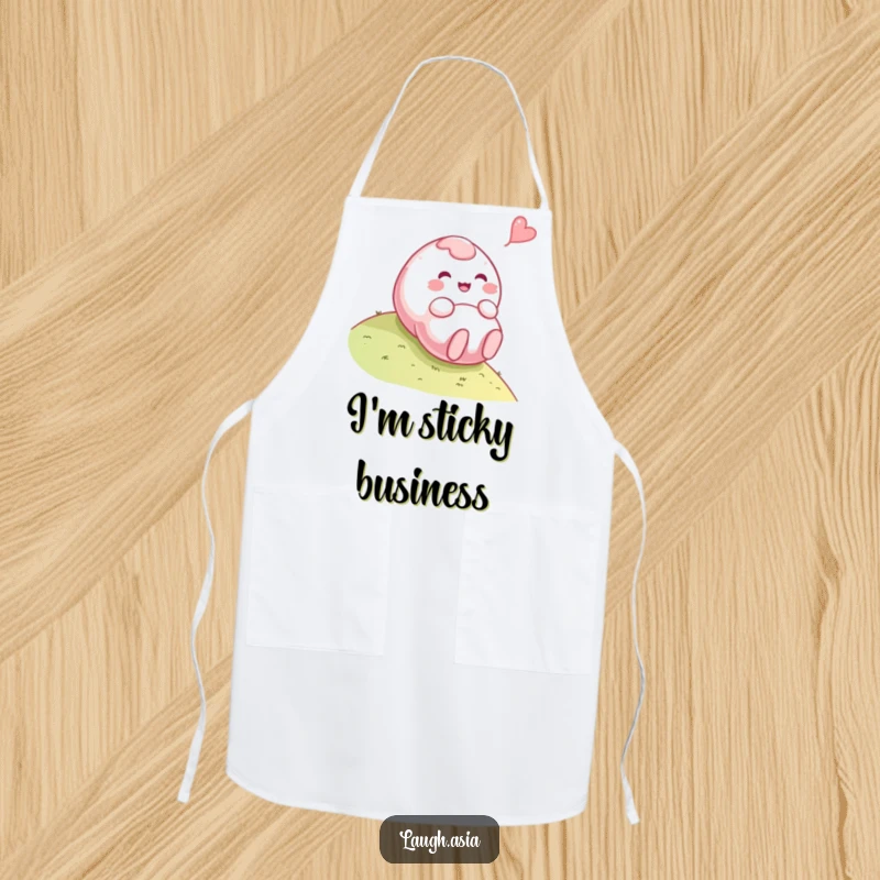 Funny mochi rolling apron, a playful character cooking and tumbling with a giggle, for kitchen use.