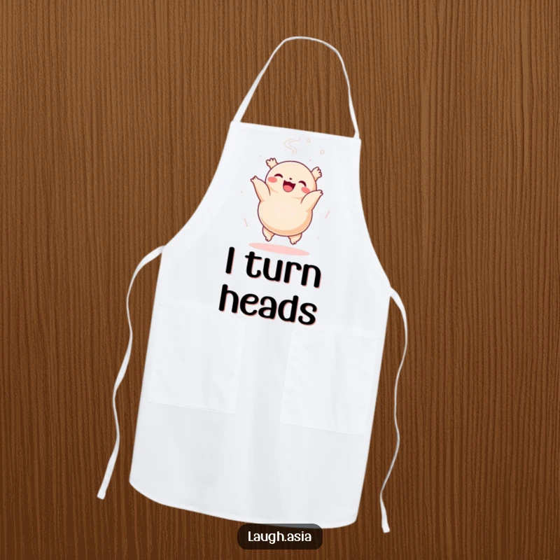 Funny dumpling somersault apron, a cheerful character cooking and flipping with steam rising, for kitchen protection.