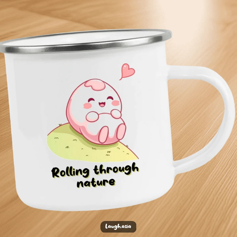 Funny mochi rolling camping mug, a playful character enjoying the outdoors with a giggle, rugged and fun.