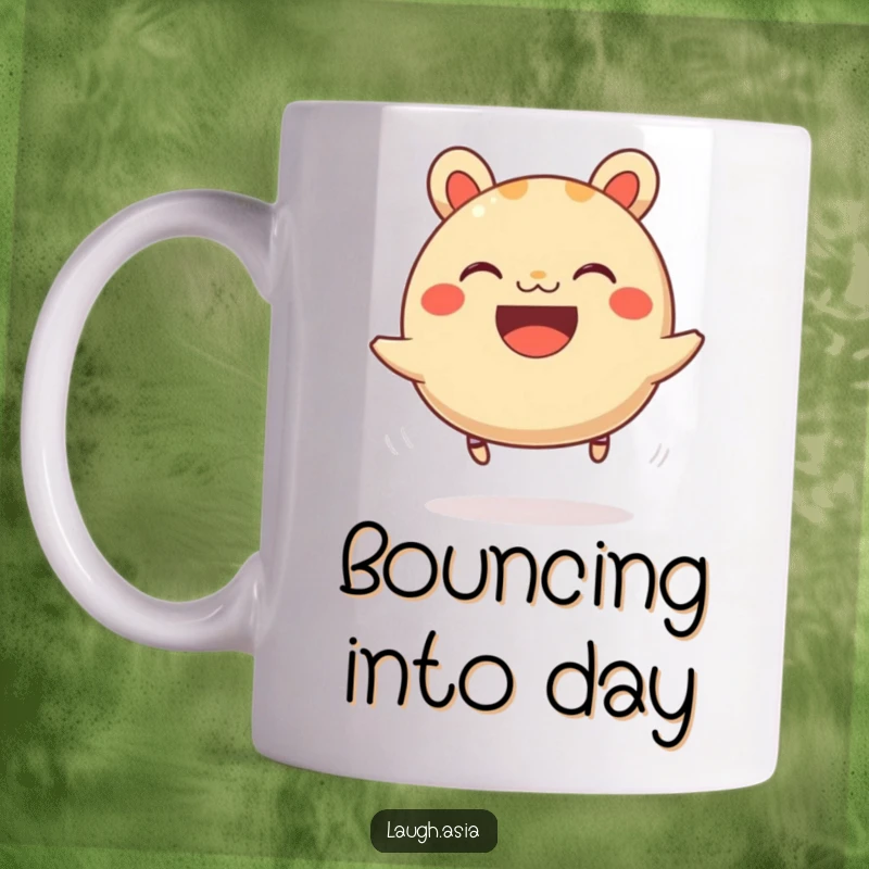 Funny bao bun mug showing a grinning character gleefully bouncing on tiny springy legs, a delightful food item.