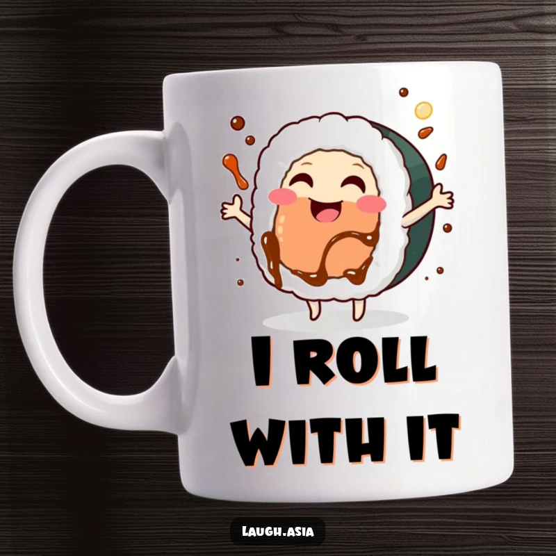 Funny sushi roll mug featuring a joyful character doing a happy dance with soy sauce splashing around it.