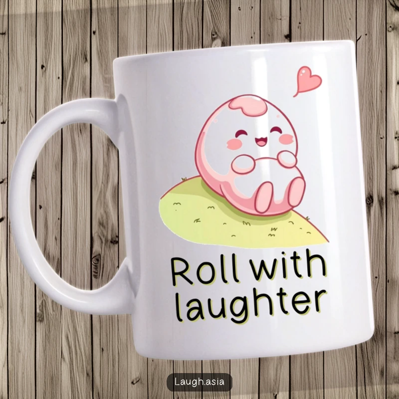 Funny mochi mug depicting a playful character gleefully rolling down a hill with a giggling expression, a delightful treat.