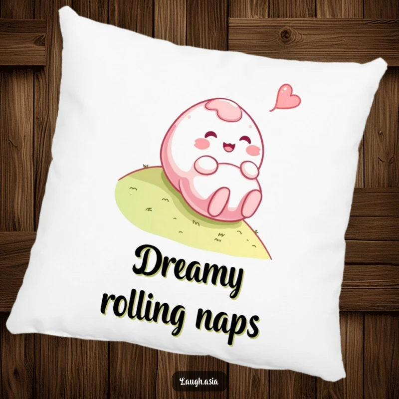 Funny mochi rolling pillow, a playful food character tumbling down a hill with a giggle, soft and decorative.
