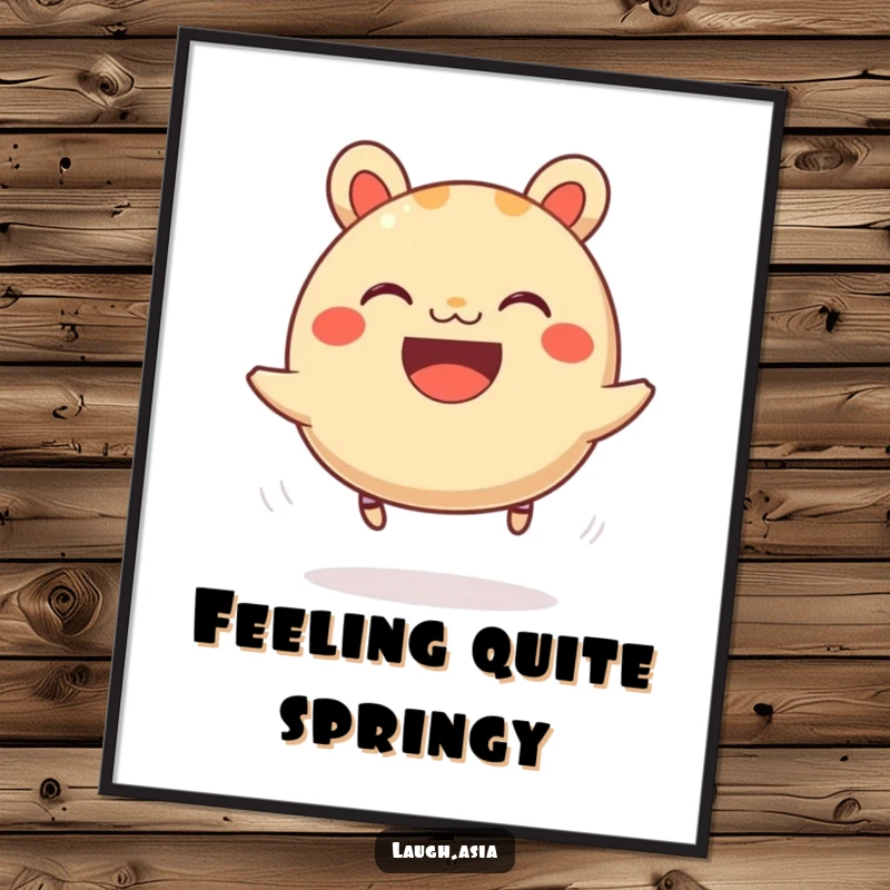 Funny bao bun bouncing digital art print, a grinning character hopping on springy legs, instantly downloadable art.