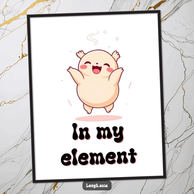 Funny dumpling somersault digital art print, a cheerful character flipping with steam rising, instantly downloadable art.