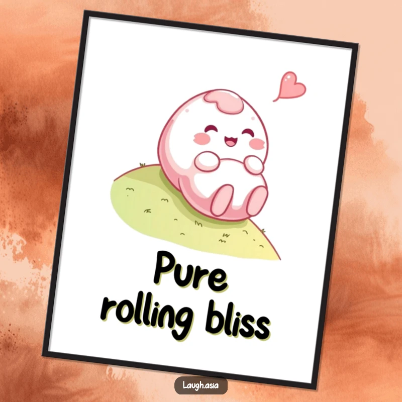 Funny mochi rolling digital art print, a playful character tumbling with a giggle, instantly downloadable art.