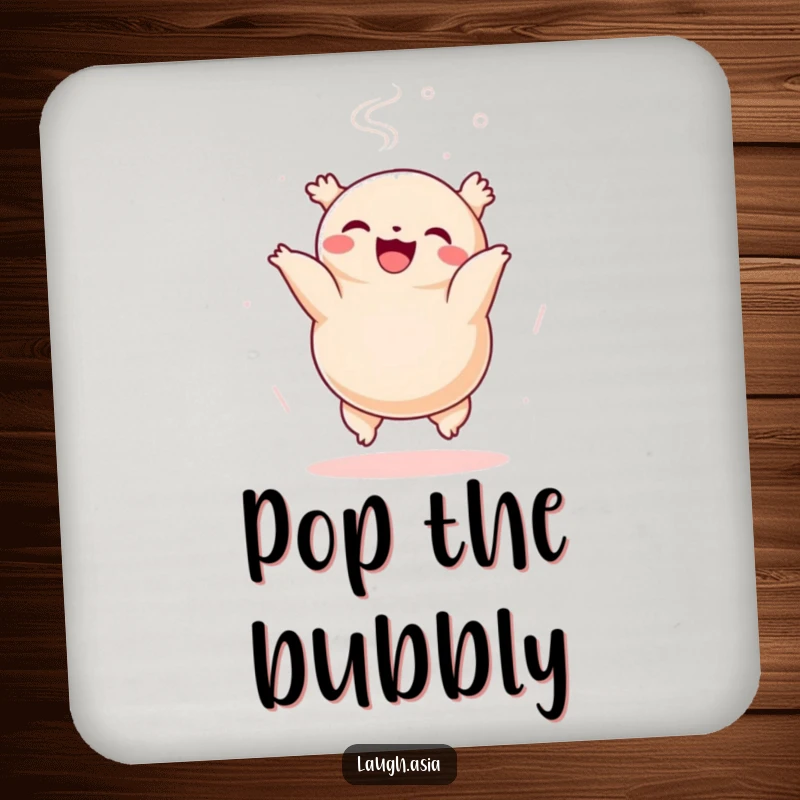Funny dumpling somersault drink coaster, a cheerful food character protecting surfaces with steam rising, adds charm.