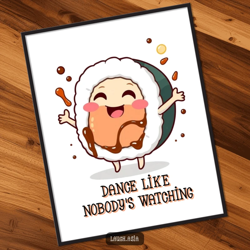 Funny sushi roll dancing poster, a smiling character performing a lively dance with soy sauce splashing, for wall decor.
