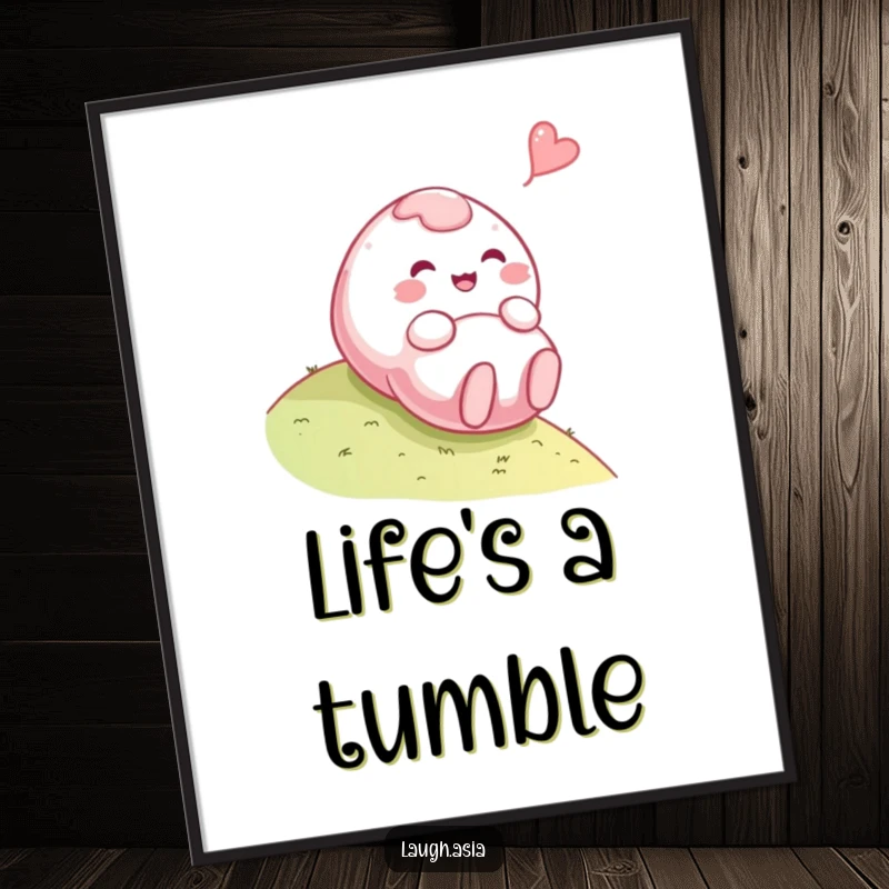 Funny mochi rolling poster, a playful character gleefully tumbling down a hill with a giggling expression, for whimsical decor.