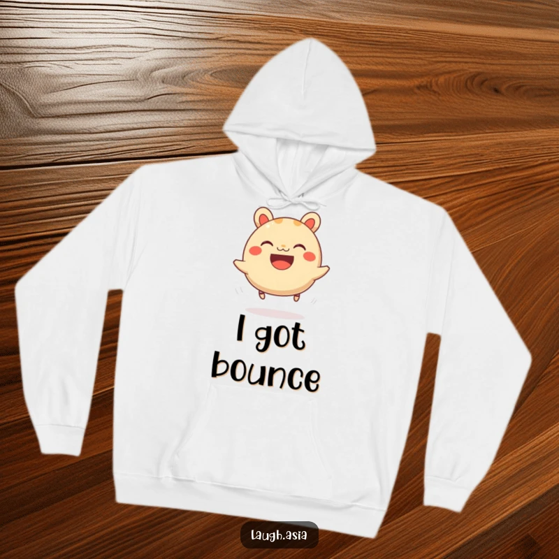 Funny bao bun hoodie showing a grinning character bouncing energetically on tiny springy legs, a warm and humorous item.