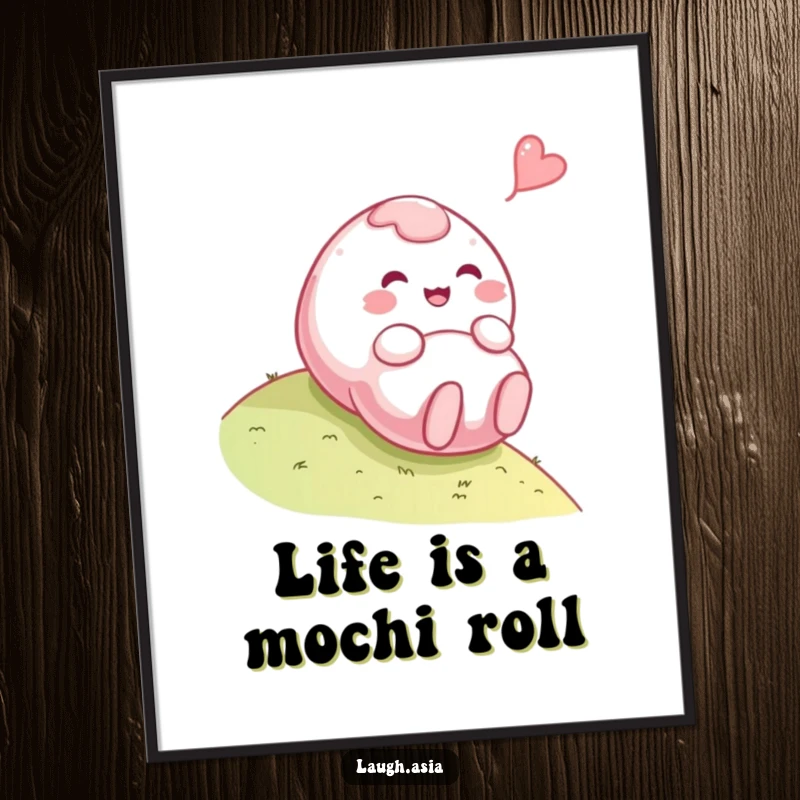 Funny Free Printable Wall Art: A giggling mochi character happily rolling down a hill, a downloadable piece of playful art.