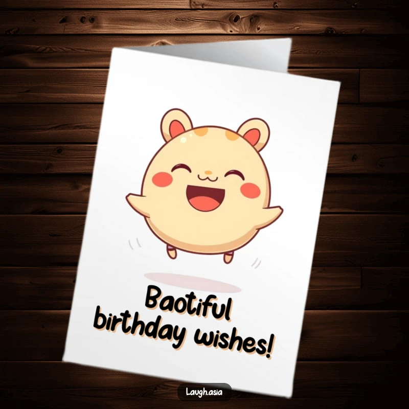 Funny Free Printable Birthday Card: A grinning bao bun bounces energetically on springy legs, a downloadable birthday surprise.