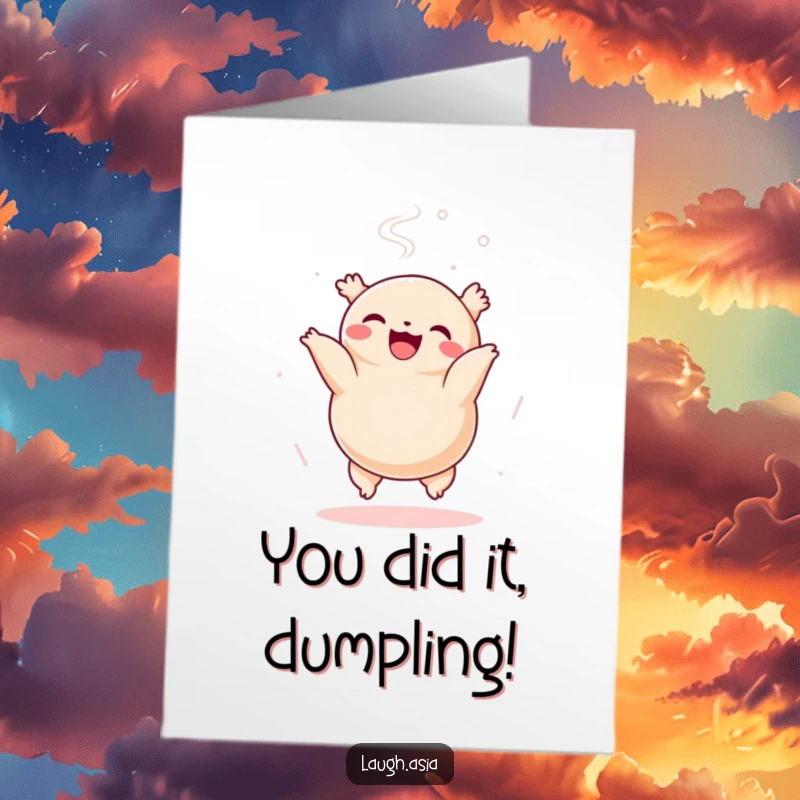 Funny Free Printable Congratulations Card: A happy dumpling executes a delightful somersault, a downloadable message of cheer.
