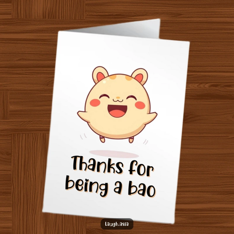 Funny Free Printable Thank You Card: A grinning bao bun bounces with glee, a downloadable note of appreciation.