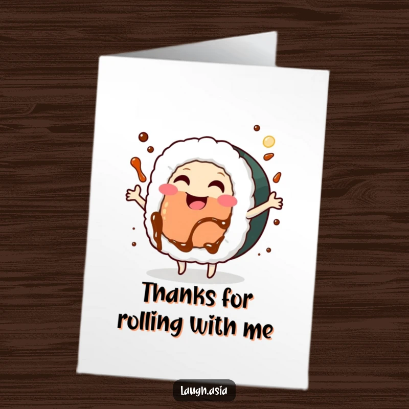 Funny Free Printable Thank You Card: A smiling sushi roll performing a cheerful dance, a downloadable note of thanks.
