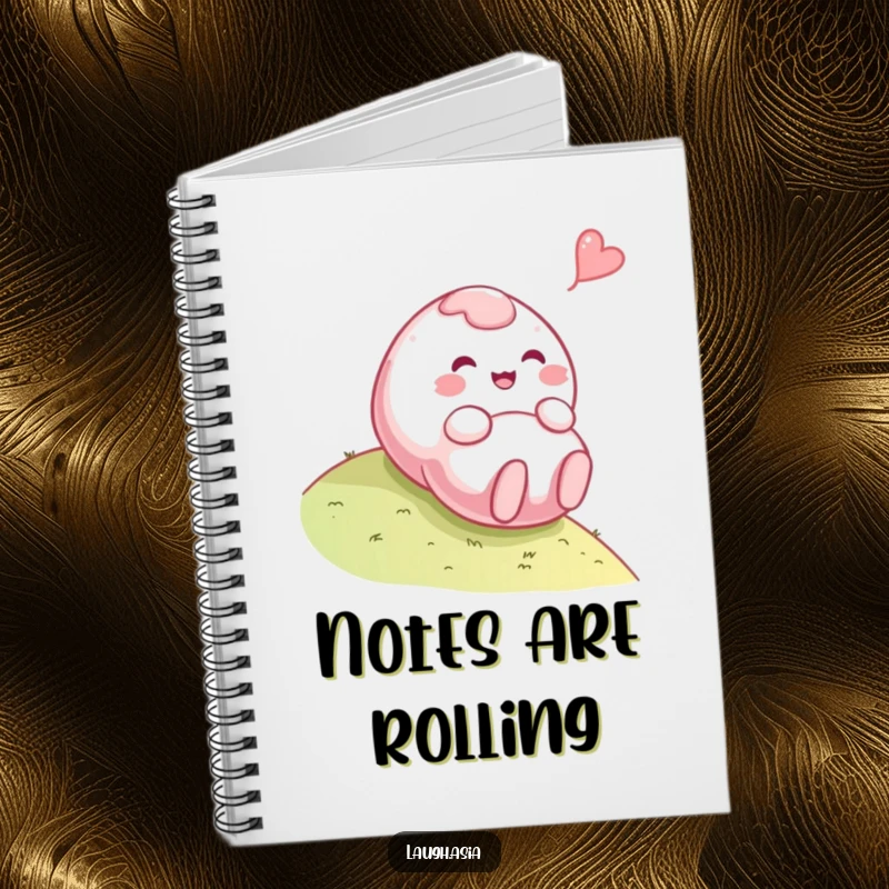 Funny mochi rolling notebook, a playful character writing notes with a giggle, perfect for journaling.