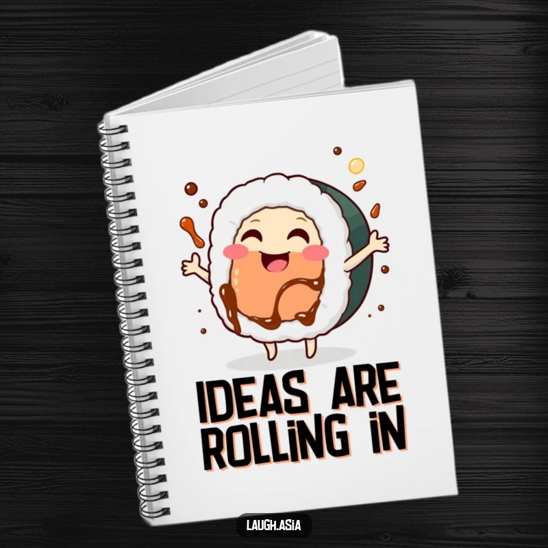Funny sushi roll dancing notebook, a smiling character writing with soy sauce splashing, perfect for notes and journaling.
