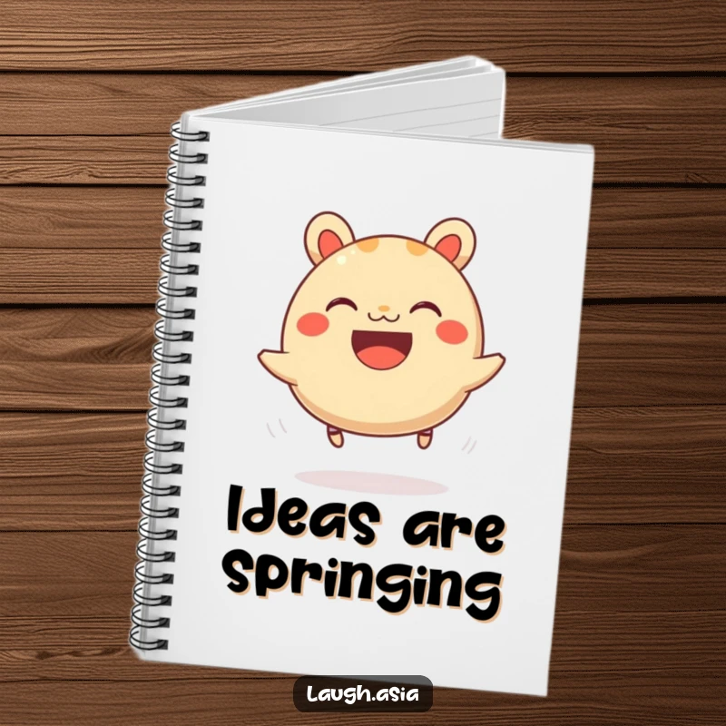 Funny bao bun bouncing notebook, a grinning character writing notes with springy legs, perfect for journaling.