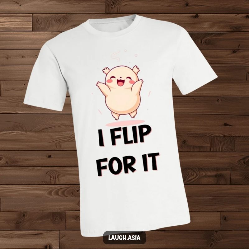 Funny dumpling t-shirt featuring a happy character mid-somersault with steam rising, celebrating Asian cuisine with humor.