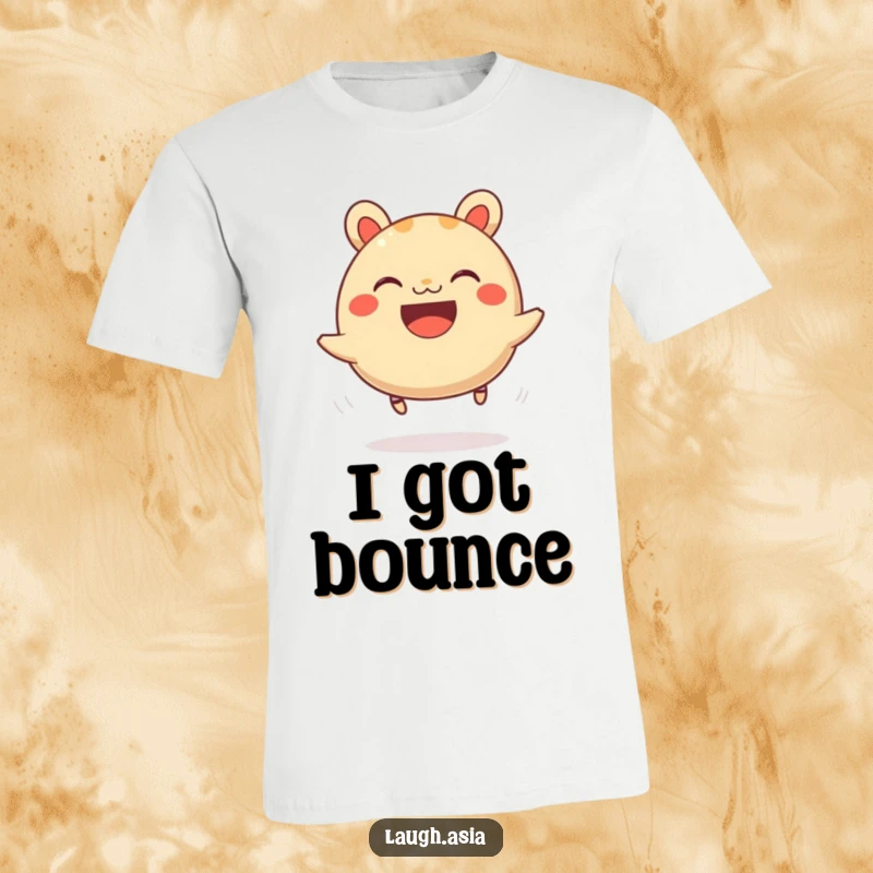 Funny bao bun t-shirt featuring a grinning character joyfully bouncing on little springy legs, celebrating fluffy goodness.