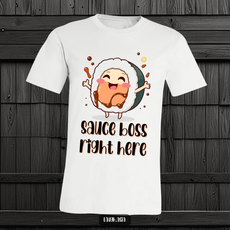 Funny sushi roll t-shirt with a smiling character joyfully dancing with soy sauce splashing, perfect for food lovers.