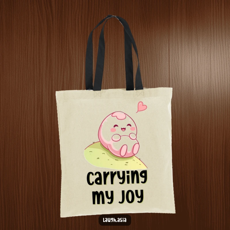 Funny mochi rolling tote bag, a playful food character tumbling down a hill with a giggle, perfect for carrying items.