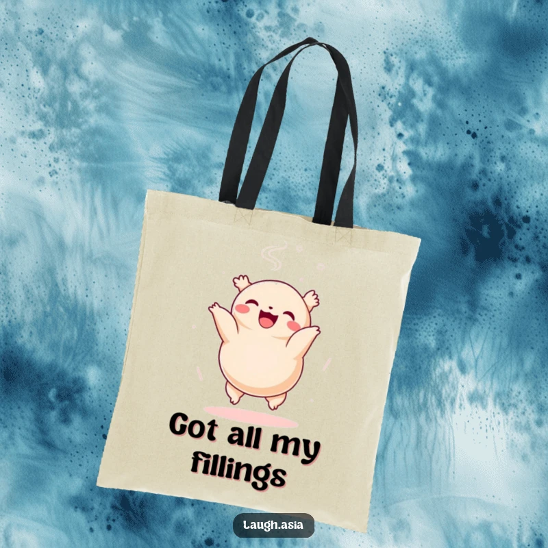 Funny dumpling somersault tote bag, a happy food character flipping with steam, ideal for shopping trips.